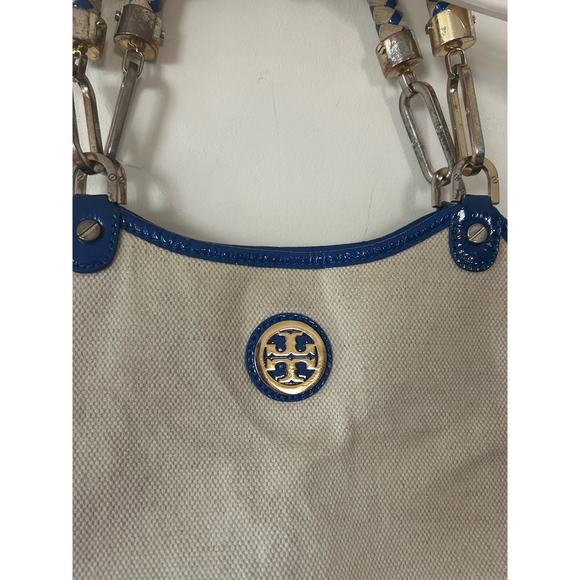 Tory Burch Canvas Tote Purse Bag Beach Beige Navy Blue w/ Gold Logo - Picture 2 of 11